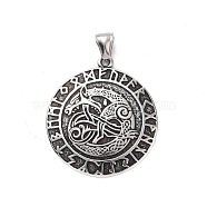 304 Stainless Steel Pendants, Flat Round with Viking Rune & Triple Horn, Antique Silver, 43.5x38.5x4mm, Hole: 4x8.5mm(STAS-J039-20AS)