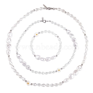 3Pcs Natural Shell & Plastic Pearl Flower & Glass Beaded Necklaces and Stretch Bracelet Set, Jewelry Set for Women, Clear, 15-3/8~18-1/4 inch(39~46.5cm), Inner Diameter: 2 inch(5.3cm)(SJEW-SW00010-04)