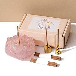 Lotus Resin & Alloy Incense Burners Sets, Natural Rose Quartz Chips inside Incense Holders, Home Office Teahouse Zen Buddhist Supplies, 80x40mm(PW-WGE139A-02)