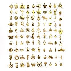Tibetan Style Alloy Pendants, Ninety Shapes, Antique Golden, 9~26x5~17x1~6mm, Hole: 1~2.5mm, about 100pcs/bag(TIBEP-YW0001-07AG)