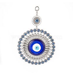 Tibetan Style Alloy Pendant Decorations, with Handmade Lampwork & Resin Evil Eye Cabochons, Flower, Antique Silver, 225mm, Hole: 14x10mm(HJEW-C001-01)