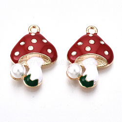 Eco-Friendly Alloy Enamel Pendants, with ABS Plastic Imitation Pearl, Cadmium Free & Lead Free & Nickel Free, Mushroom, Light Gold, Red, 23x15.5x6mm, Hole: 1.8mm(X-ENAM-Q437-045-NR)