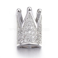 Brass Micro Pave Cubic Zirconia Slide Charms, Long-Lasting Plated, Cadmium Free & Nickel Free & Lead Free, Crown, Clear, Real Platinum Plated, 13x8.5x7mm, Hole: 1.5x10.5mm(ZIRC-G147-33P-NR)