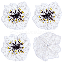 3D Flower Sequin Patches, Glittered Beaded Appliques, with Polyester, Costume Accessories, White, 110x100~110x3~6mm(PATC-WH0012-01D)