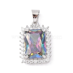 Rack Plating Brass Micro Pave Cubic Zirconia Pendants, Long-lasting Plated, Rectangle, Platinum, Colorful, 21.5x15x7mm, Hole: 4x5mm(ZIRC-I066-06A-03)