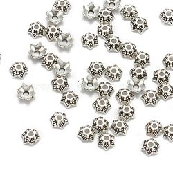 Tibetan Style Bead Caps,  Cadmium Free & Nickel Free & Lead Free, 6-Petal Flower, Antique Silver, 7x3mm, Hole: 2mm(AA188-AS-NR)