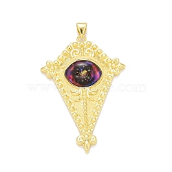 Glass Pendants, with Brass Findings, Cadmium Free & Nickel Free & Lead Free, Long-Lasting Plated, Real 18K Gold Plated, Rhombus with Eye, Violet, 46.5x32x9mm, Hole: 4.5x3mm(KK-M229-57G-04)