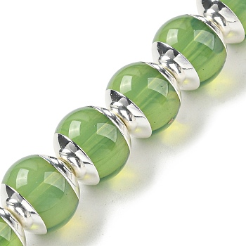 Glass Beads, with Platinum Tone Brass Ends, Round, Green, 10~10.5x9~9.5mm, Hole: 1.2mm, about 30pcs/strand, 11.02 inch~11.42 inch(28~29cm)