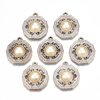 UV Plating Acrylic Pendants, with ABS Plastic Imitation Pearl Beads, Polygon, Light Gold, 28x26x7mm, Hole: 2mm