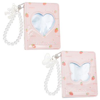 2Pcs 2 Styles 40-Pocket 3 Inch Rectangle PVC Mini Heart Butterfly Hollow Cover Photocard Collection Photo Albums, with 2Pcs 2 Styles Butterfly Bear Glass Hanging Beaded Keychains, Pink, Photo Album: 110x80x25mm, Hole: 4mm, Inner Diameter: 95x65mm