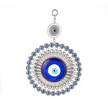 Tibetan Style Alloy Pendant Decorations, with Handmade Lampwork & Resin Evil Eye Cabochons, Flower, Antique Silver, 225mm, Hole: 14x10mm