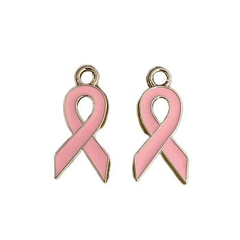 Plastic Enamel Pendants, October Breast Cancer Pink Awareness Ribbon, Pink, 20x10x2mm, Hole: 1.5mm