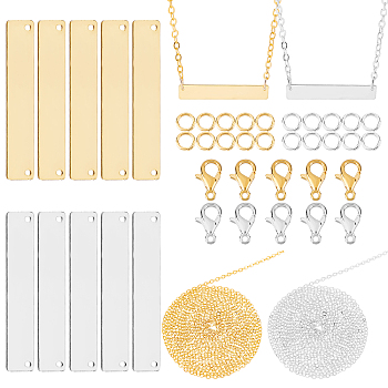 32Pieces DIY Blank Tags Pendant Necklaces Making Kits, Including 10Pcs Rectangle Brass Pendants & 0.4m Cable Chains, Zinc Alloy Lobster Claw Clasps, Jump Rings, Golden & Silver, 6x35x0.8mm, Hole: 1mm