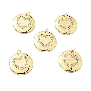 Brass Micro Pave Cubic Zirconia Pendants, with Jump Ring, Real 18K Gold Plated, Long-Lasting Plated, Lead Free & Cadmium Free & Nickel Free, Flat Round with Heart, Clear, 22x2mm, Jump Ring: 5x1mm, 3mm Inner Diameter