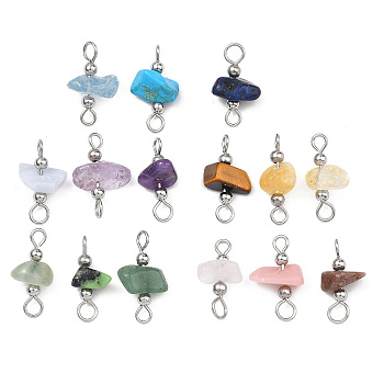 15Pcs 5 Colors Natural & Synthetic Mixed Gemstone Chip Links Connector Charms, with 304 Stainless Steel Loops, Mixed Color, Mixed Dyed and Undyed, Stainless Steel Color, 17~18x8~12x5~7mm, Hole: 2.5mm, 3pcs/color