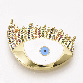 Golden Plated Brass Micro Pave Cubic Zirconia Pendants, with Enamel, Evil Eye, White, 22x30.5x4mm, Hole: 1mm