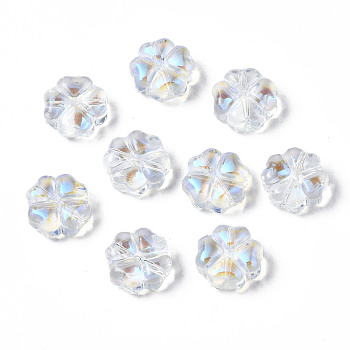 Transparent Glass Beads, AB Color Plated, Clover, Clear AB, 10x10x5mm, Hole: 1mm