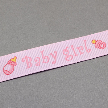 Baby Shower Ornaments Decorations Word Baby Girl Printed Polyester Grosgrain Ribbons, Pink, 5/8 inch(16mm), about 20yards/roll(18.29m/roll)
