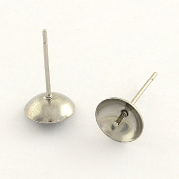 304 Stainless Steel Post Stud Earring Findings, For Half Drilled Beads, Stainless Steel Color, 8mm, pin: 0.7mm