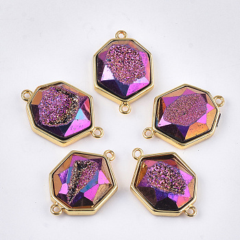 Electroplate Synthetic Druzy Agate Links connectors, with Brass Findings, Heptagon, Golden, Magenta, 27x18x7~8mm, Hole: 1.6mm