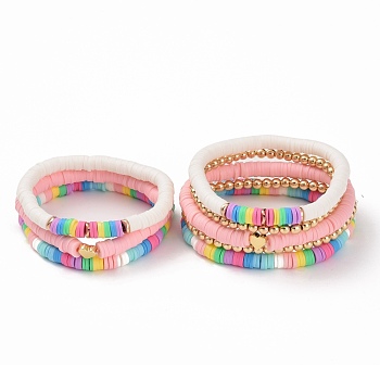 Synthetic Hematite & Polymer Clay Heishi Stretch Bracelets Set with Heart Brass Beads for Mother and Kids, Mixed Color, Inner Diameter: 2~2 1/4 inch(5.2~5.7cm), 6pcs/set