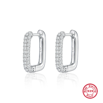 Oval Rhodium Plated 925 Sterling Silver with Rhinestone Hoop Earrings, with 925 Stamp, Platinum, 19x15mm
