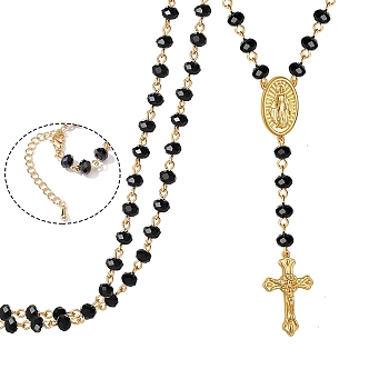 Glass Rosary Bead Necklace, Golden Brass Cross & Jesus Pendant Necklace, Black, 19.69 inch(50cm)