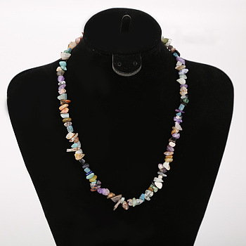 Natural Mixed Stone Chip Beaded Necklaces for Women, with Alloy End Chains, Platinum, 17.72 inch(45cm)