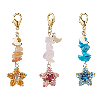 TOHO Seed Pendant Decorations, with Synthetic & Natural Mixed Gemstone Beads and Pointed Back & Back Plated K9 Glass Rhinestone Cabochons, Zinc Alloy Lobster Claw Clasps, Star, 65~66mm, Pendants: 49~50x18~19x6~7mm, about 3pcs/set