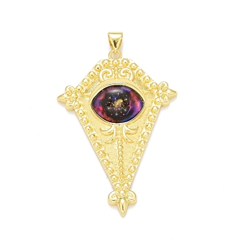 Glass Pendants, with Brass Findings, Cadmium Free & Nickel Free & Lead Free, Long-Lasting Plated, Real 18K Gold Plated, Rhombus with Eye, Violet, 46.5x32x9mm, Hole: 4.5x3mm