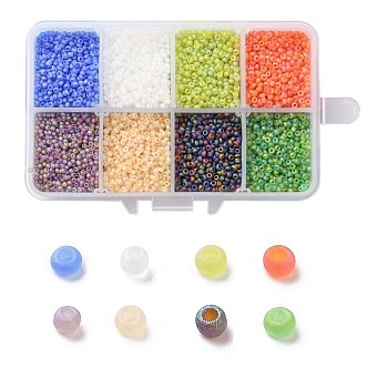 200G 8 Colors 12/0 Grade A Round Glass Seed Beads, Transparent Frosted Style, AB Color Plated, Mixed Color, 2x1.5mm, Hole: 0.3mm, 25g/color, about 13300pcs/box