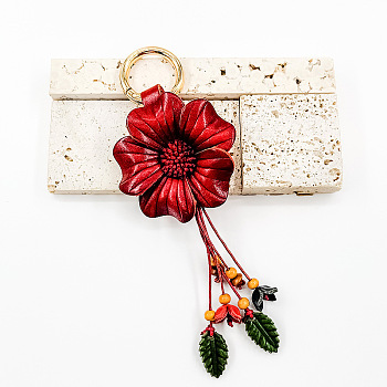 Leather and Alloy Keychain, Flower, FireBrick, 170x70mm