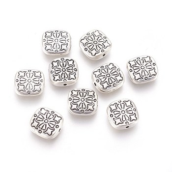 Tibetan Style Alloy Beads, Lead Free & Cadmium Free, Square with Flower, Antique Silver, 10.5x10.5x3.5mm, Hole: 1.5mm