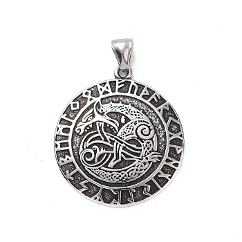 304 Stainless Steel Pendants, Flat Round with Viking Rune & Triple Horn, Antique Silver, 43.5x38.5x4mm, Hole: 4x8.5mm