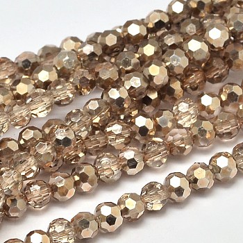 Faceted(32 Facets) Round Transparent Painted Glass Bead Strands, Tan, 4mm, Hole: 1mm, about 100pcs/strand, 14.9 inch