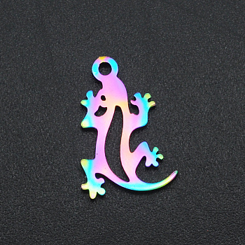 Ion Plating(IP) 201 Stainless Steel Pendants, Laser Cut, Gecko, Rainbow Color, 16x11x1mm, Hole: 1.4mm