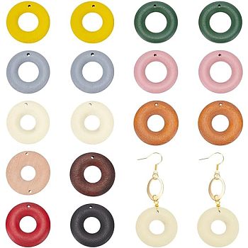 Nbeads 60Pcs 10 Colors Wood Pendants, Dyed, Donut Charms, Mixed Color, 30x4~5mm, Hole: 1.6~2mm, 6pcs/color