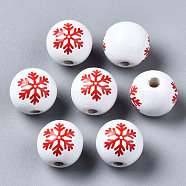 Painted Natural Wood European Beads, Large Hole Beads, Printed, Christmas, Round with Snowflake, White, 16x15mm, Hole: 4mm(WOOD-S057-039B)