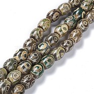 Tibetan Style dZi Beads Strands, Natural Agate Beads, Dyed & Heated, Oval, 3-Eye, 13~14x9.5~10mm, Hole: 1.2mm, about 25pcs/strand, 13.39''(34cm)(TDZI-E005-01E)