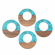 Transparent Resin & Walnut Wood Pendants, with Gold Foil, Flat Round, Dark Turquoise, 28x3mm, Hole: 2mm(RESI-S389-036A-B03)