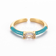 Brass Enamel Cuff Rings, Open Rings, Solitaire Rings, with Clear Cubic Zirconia, Nickel Free, Horse Eye, Golden, Dark Cyan, US Size 7(17.3mm)(RJEW-T016-29I-NF)