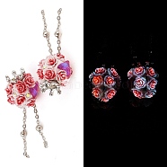 Handmade Luminous Polymer Clay Rhinestone Beads, with Glitter, Resin & Acrylic & Glass Cabochon & Alloy Chain, Glow in the Dark, Rose with Crown & Fishtail, Pale Violet Red, 58~66mm(CLAY-H003-09P-02)