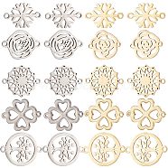 20Pcs 10 Styles 201 Stainless Steel Connector Charms, Flower & Clover & Snowflake Links, Mixed Shapes, Golden & Stainless Steel Color, 17~21x11~16x1~1.5mm, Hole: 1.2~1.6mm, 2pcs/style(FIND-SC0004-68)