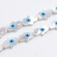 Natural White Shell Mother of Pearl Shell Beads, Pearlized, Hamsa Hand/Hand of Fatima/Hand of Miriam with Evil Eye, 14x10x2mm, Hole: 0.5mm(SSHEL-L017-005C)