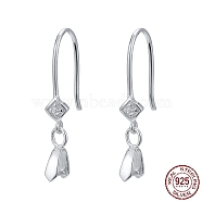 Rhodium Plated 925 Sterling Silver Earring Hooks, with Cubic Zirconia, Rhombus, Platinum, 26mm, 22 Gauge, Pin: 0.6mm(STER-F033-61P)