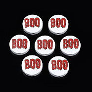 Halloween Printed Natural Wood Beads, Flat Round with Word B, FireBrick, 19~20x5.9mm, Hole: 2~2.2mm(WOOD-T021-101)
