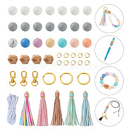 DIY Keychain Wristlet Making Kit, Including Alloy Key Rings & Lobster Claw Clasps, Wood Octagon with Eye & Silicone Round Bead, Polyester Elastic Cord, PU Leather Big Tassel Pendants, Mixed Color, 111Pcs/bag(DIY-TA0004-21)