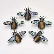 Natural Tiger Eye Brooches/Pendants, with Rhinestone and Alloy Findings, Abalone Shell/Paua Shelland Resin Bottom, Bee, Antique Silver, 36x56.5x14mm, Hole: 7x4mm, Pin: 0.7mm(G-S353-08I)