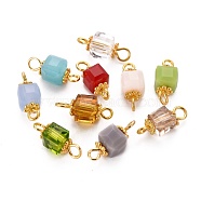 Faceted Cube Transparent Glass Links Connectors, with Golden Plated Alloy and Brass Findings, Mixed Color, 14.5x6x6mm, Hole: 1.6~2.2mm(PALLOY-JF00470-M)