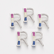Brass Cubic Zirconia Slide Charms, Real Platinum Plated, Colorful, Letter, Letter.R, 18x14x4.5mm, Hole: 1.5x3mm and 1.5x6mm(ZIRC-S063-01R-P)